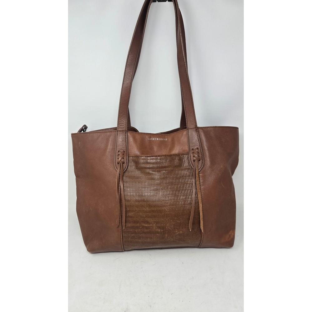 Lucky Brand Brown Leather Tote Bag Boho Braided Tassel Shoulder Bag Distressed